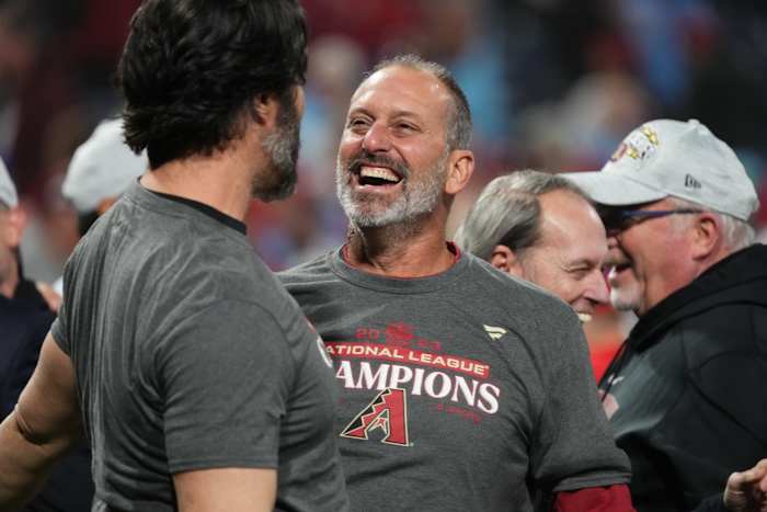 Arizona Diamondbacks head coach Torey Lovullo celebrates their 4-2 win over the Philadelphia Phillies in Game 7 of their NLCS at Citizens Bank Park in Philadelphia on Oct. 24, 2023.